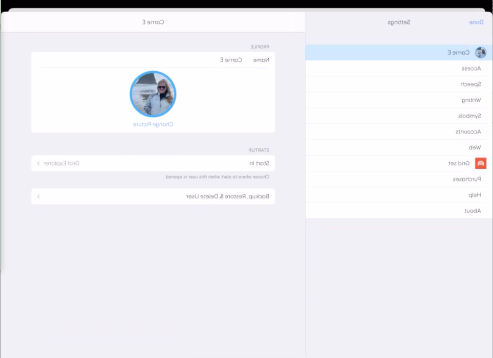 Screen shot of Grid for iPad showing the User in Settings 