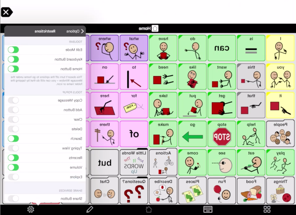 Screen shot of Proloquo2Go showing the Edit Mode turned on in Restrictions